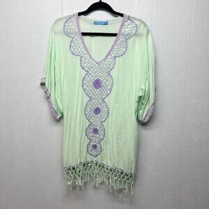 Blue Ginger Embroidered Fringe Tunic Small Boho Beach Coastal Nautical Festival